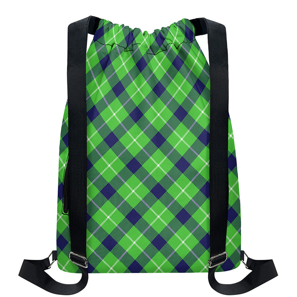 Green Blue And White Plaid Pattern Print Drawstring Backpack