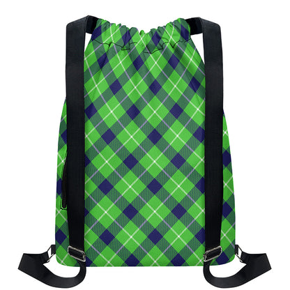 Green Blue And White Plaid Pattern Print Drawstring Backpack