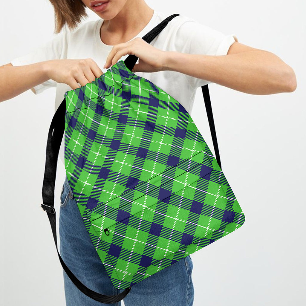 Green Blue And White Plaid Pattern Print Drawstring Backpack