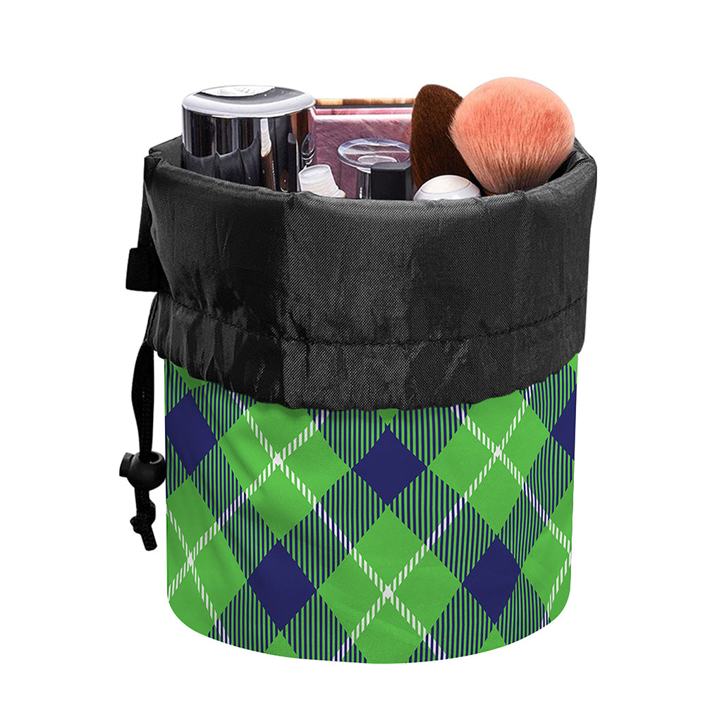 Green Blue And White Plaid Pattern Print Drawstring Makeup Bag