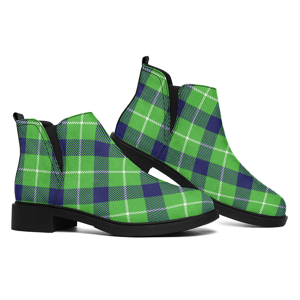 Green Blue And White Plaid Pattern Print Flat Ankle Boots