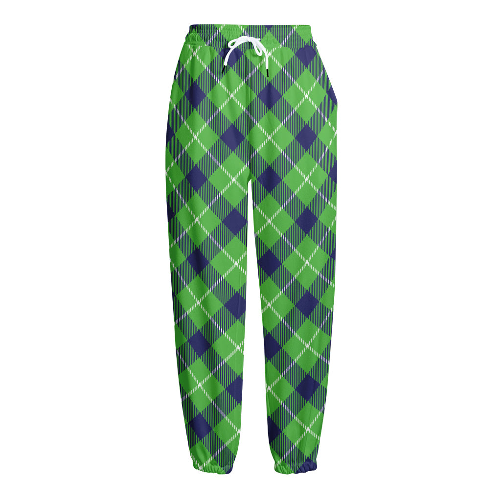 Green Blue And White Plaid Pattern Print Fleece Lined Knit Pants