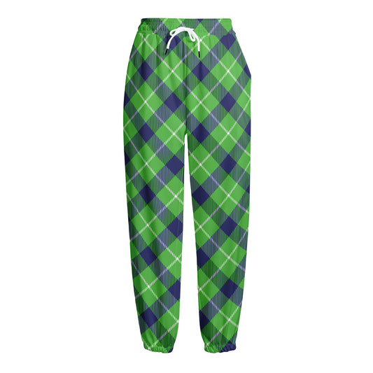 Green Blue And White Plaid Pattern Print Fleece Lined Knit Pants