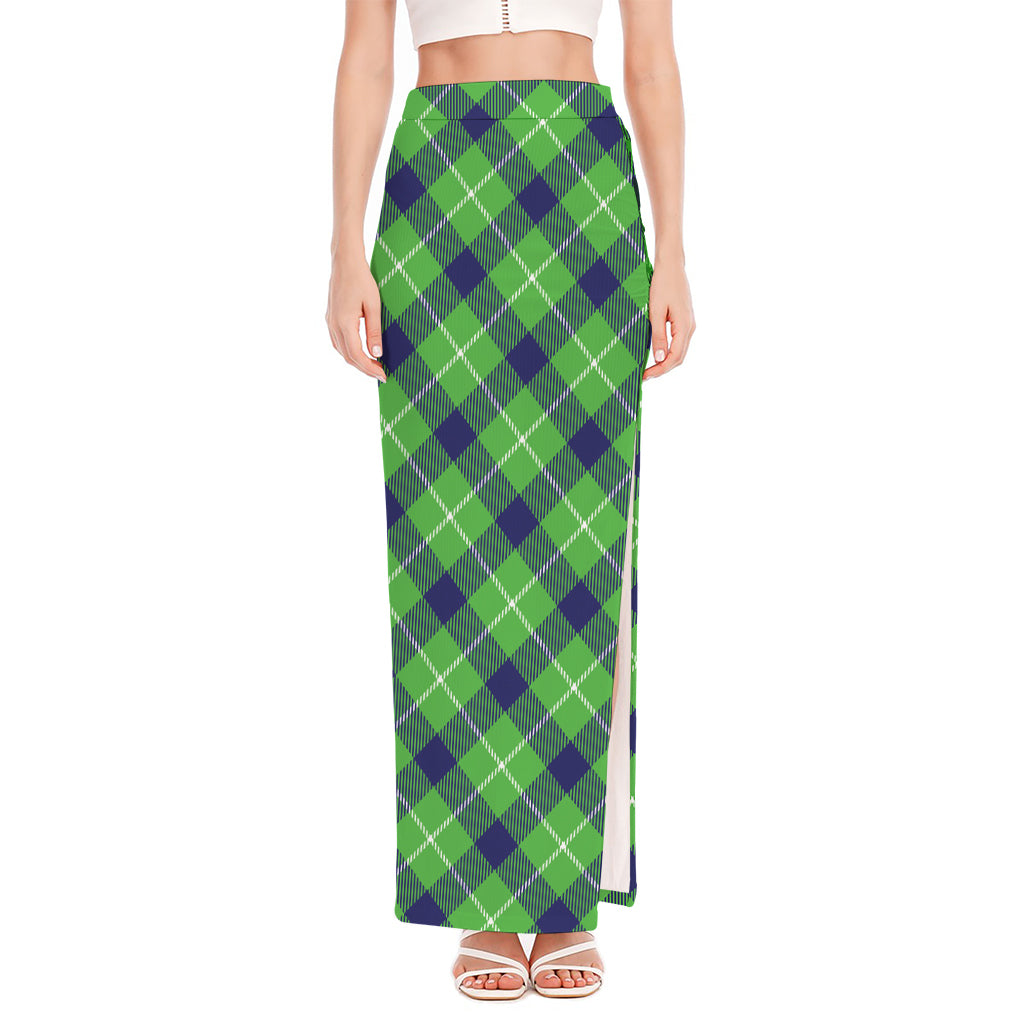 Green Blue And White Plaid Pattern Print High Slit Maxi Skirt