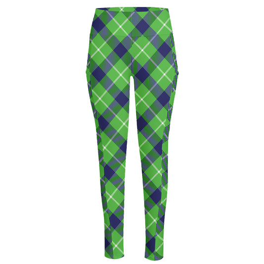Green Blue And White Plaid Pattern Print High-Waisted Pocket Leggings