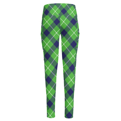 Green Blue And White Plaid Pattern Print High-Waisted Pocket Leggings
