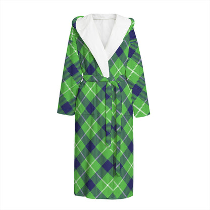 Green Blue And White Plaid Pattern Print Hooded Bathrobe