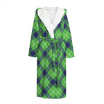 Green Blue And White Plaid Pattern Print Hooded Bathrobe