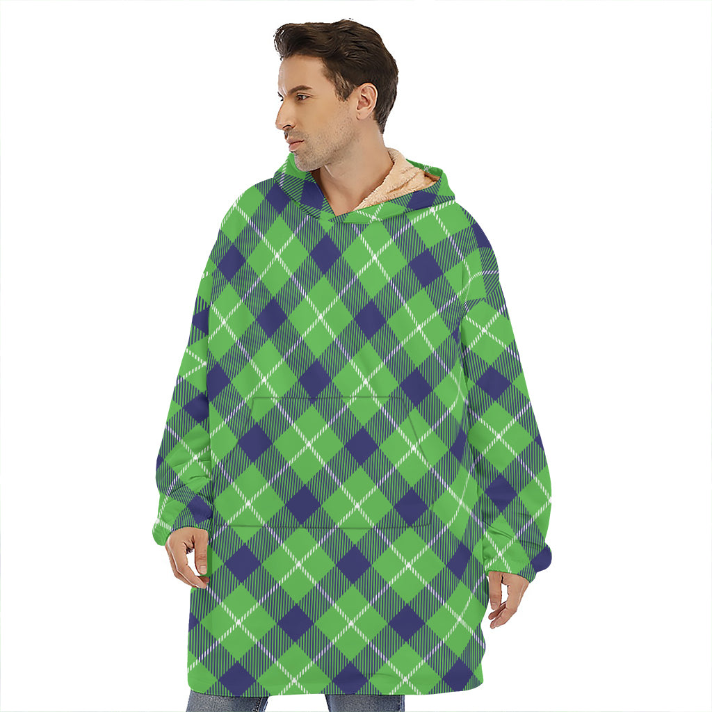 Green Blue And White Plaid Pattern Print Hoodie Blanket