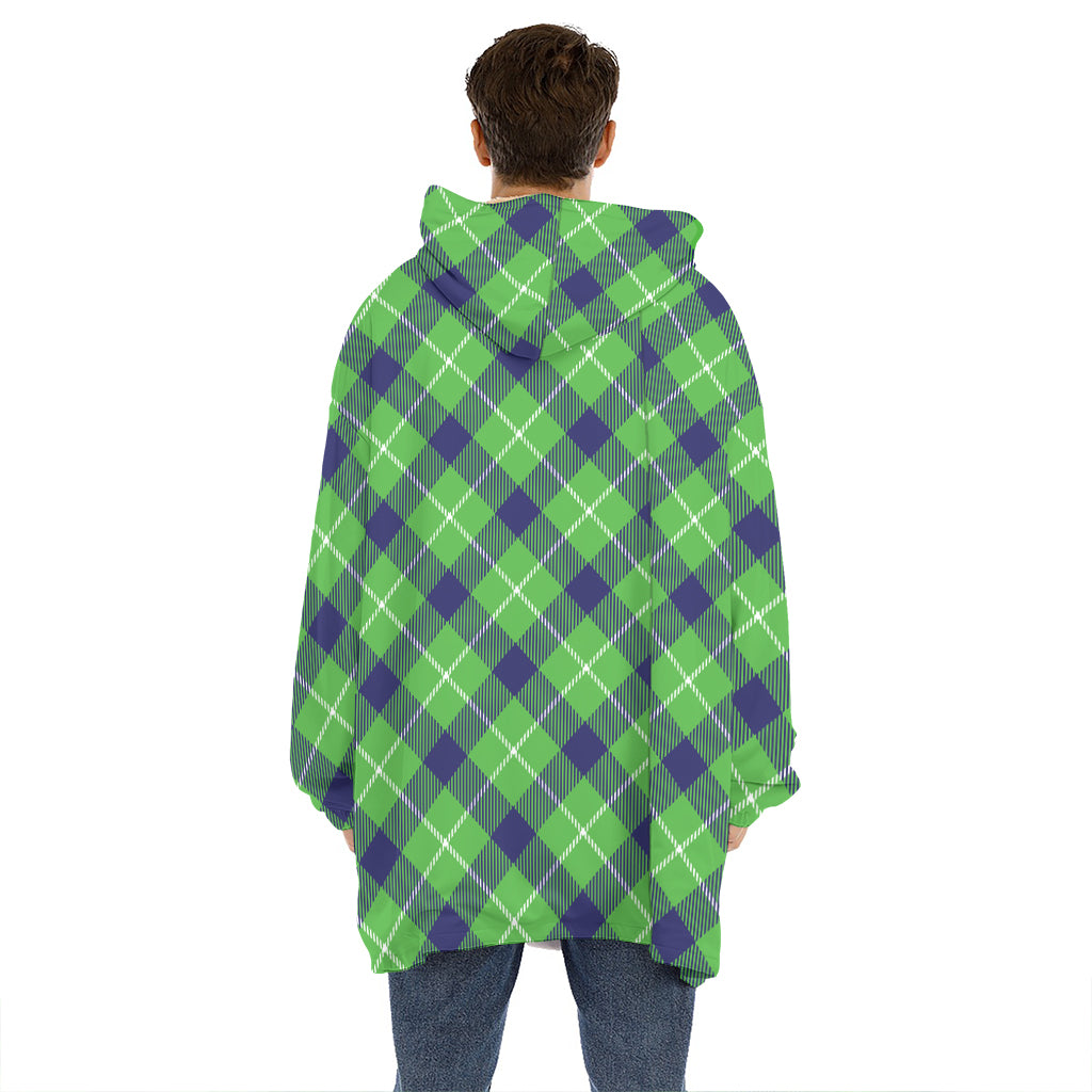 Green Blue And White Plaid Pattern Print Hoodie Blanket