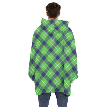 Green Blue And White Plaid Pattern Print Hoodie Blanket