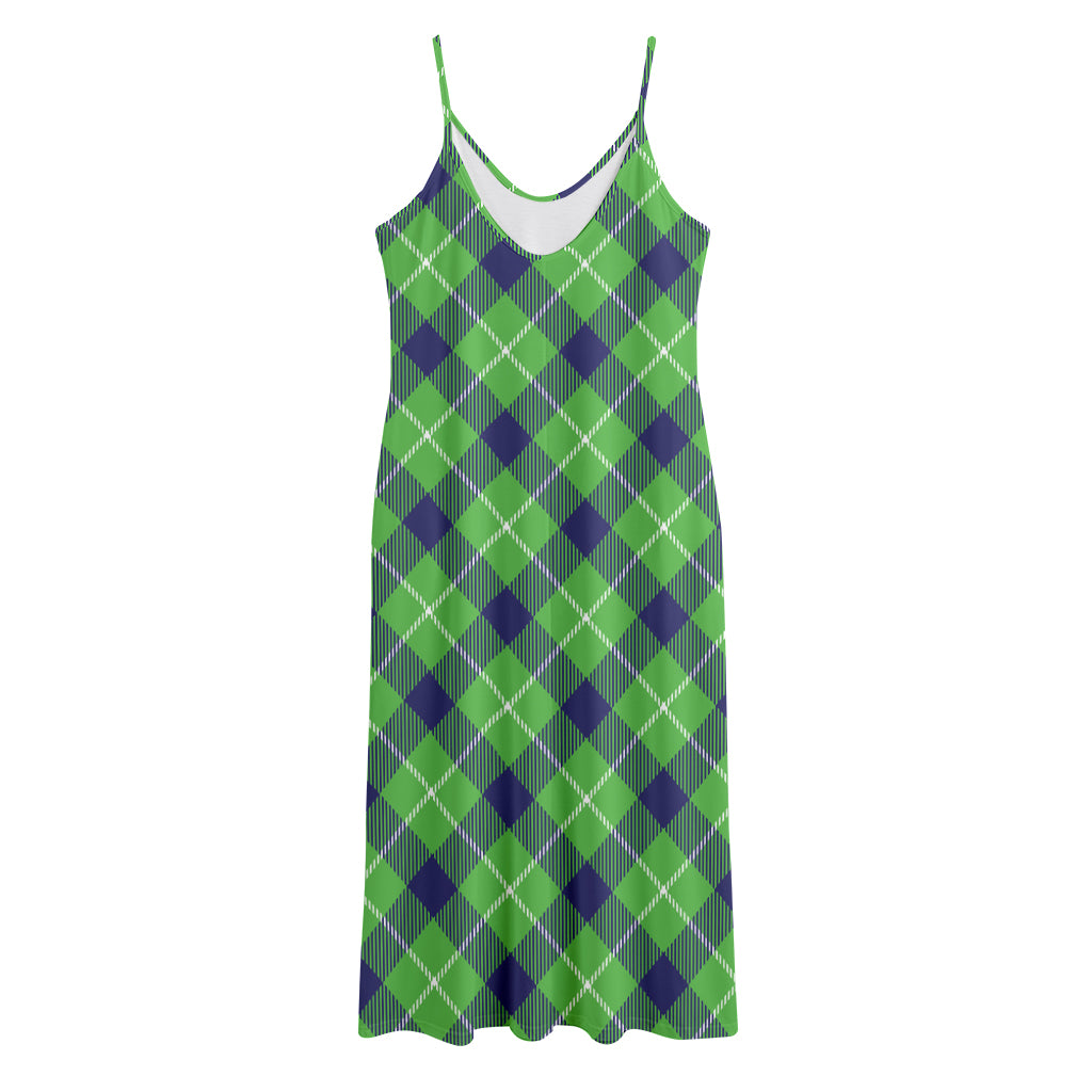 Green Blue And White Plaid Pattern Print Jersey Midi Cami Dress