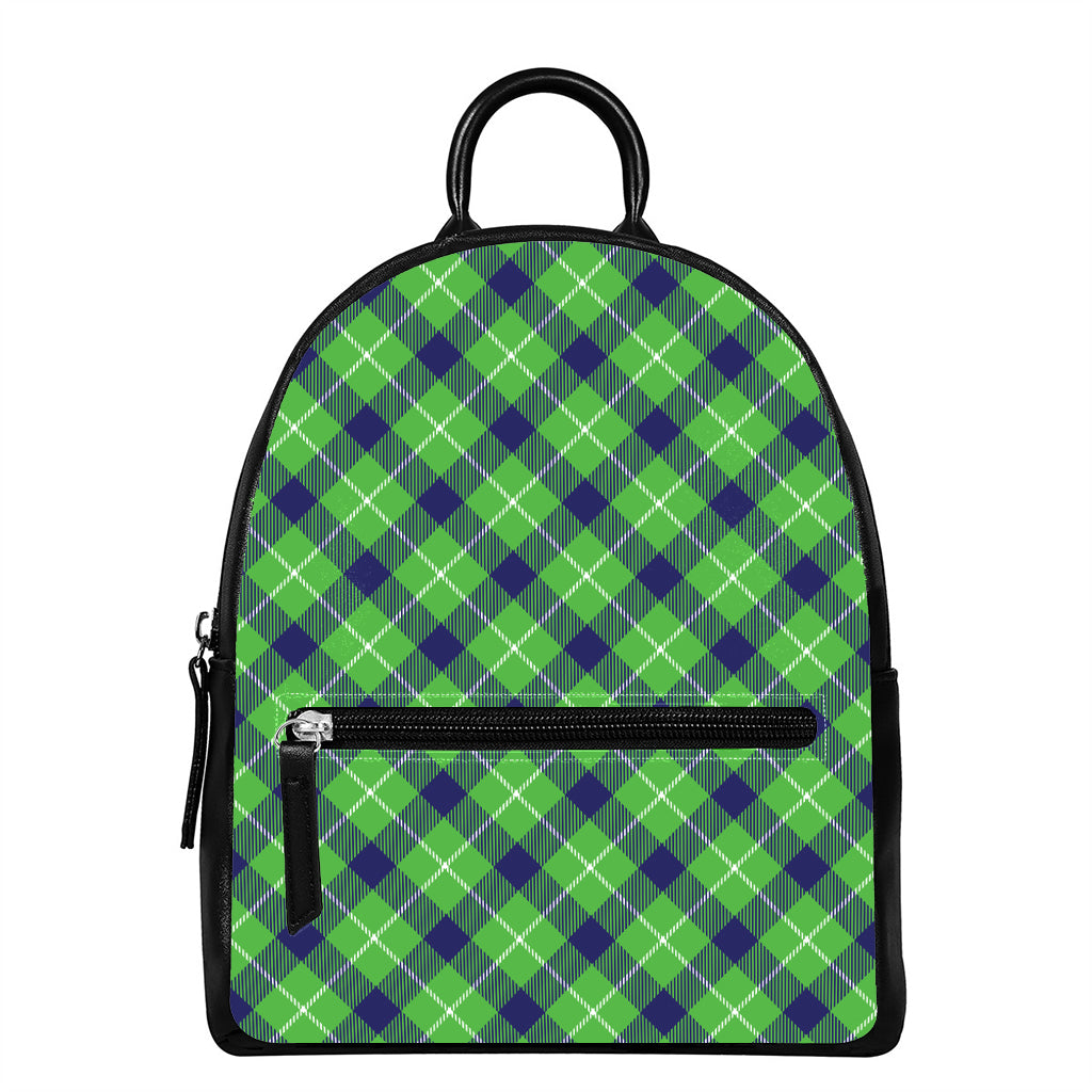 Green Blue And White Plaid Pattern Print Leather Backpack
