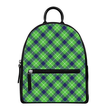 Green Blue And White Plaid Pattern Print Leather Backpack