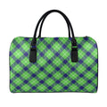 Green Blue And White Plaid Pattern Print Leather Duffel Bag