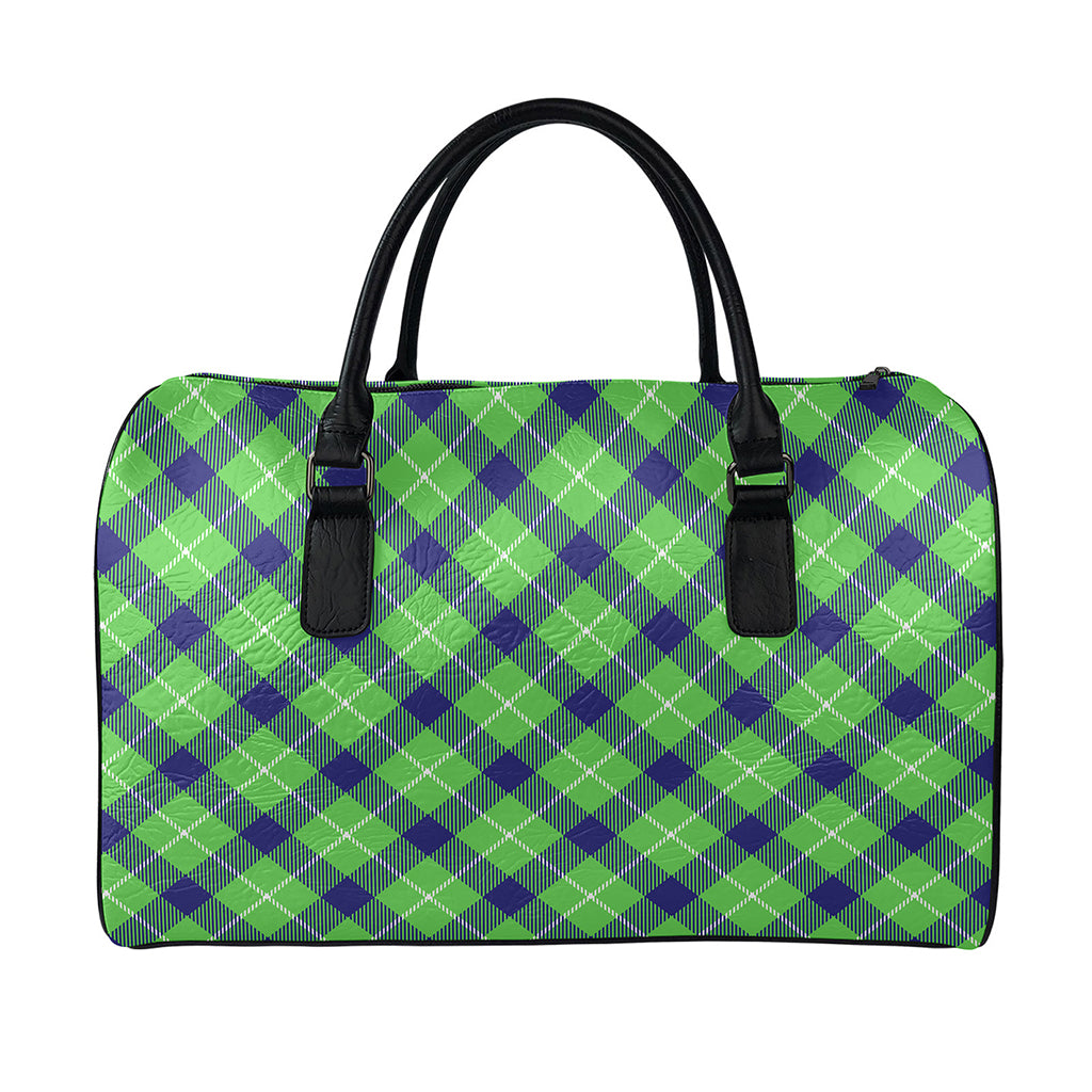 Green Blue And White Plaid Pattern Print Leather Duffle Bag