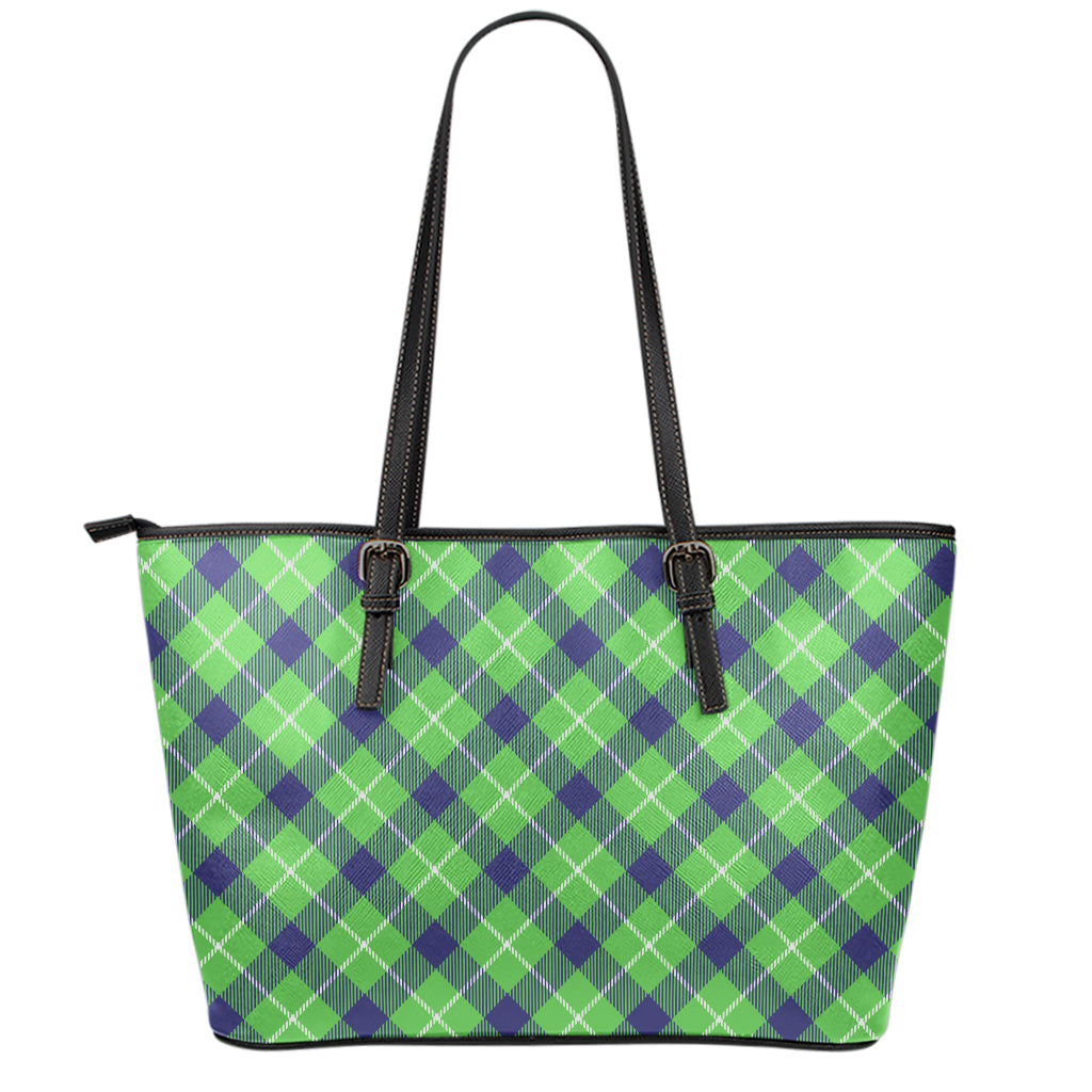 Green Blue And White Plaid Pattern Print Leather Tote Bag