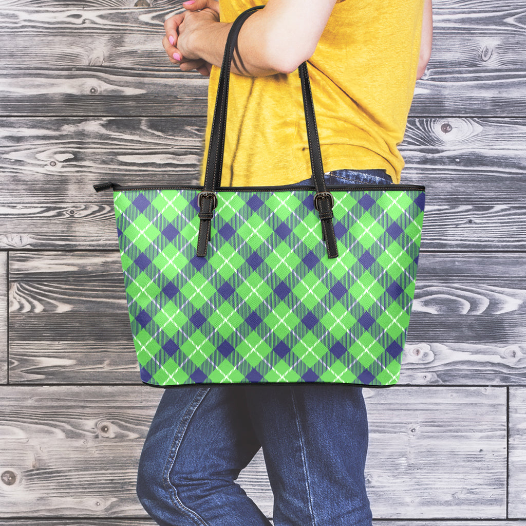 Green Blue And White Plaid Pattern Print Leather Tote Bag