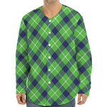 Green Blue And White Plaid Pattern Print Long Sleeve Baseball Jersey
