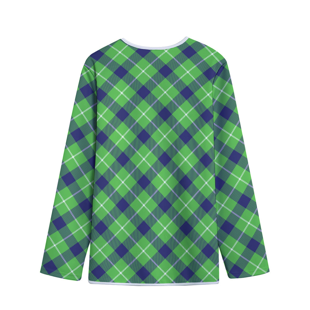 Green Blue And White Plaid Pattern Print Long Sleeve Short Coat
