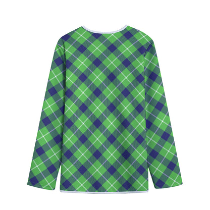 Green Blue And White Plaid Pattern Print Long Sleeve Short Coat