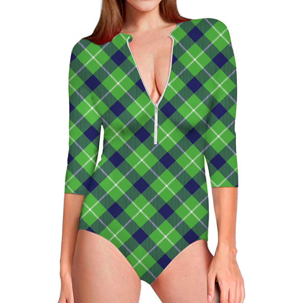 Green Blue And White Plaid Pattern Print Long Sleeve Swimsuit