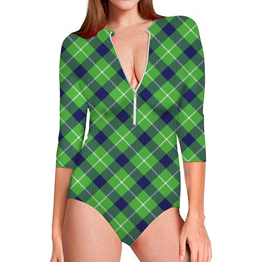 Green Blue And White Plaid Pattern Print Long Sleeve Swimsuit