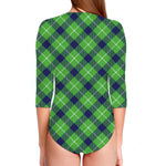 Green Blue And White Plaid Pattern Print Long Sleeve Swimsuit