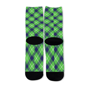 Green Blue And White Plaid Pattern Print Long Socks