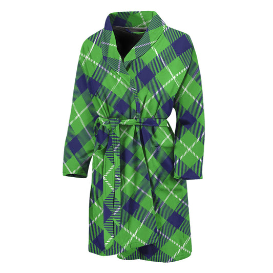 Green Blue And White Plaid Pattern Print Men's Bathrobe