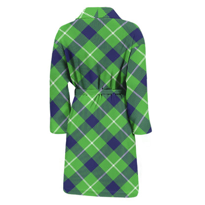 Green Blue And White Plaid Pattern Print Men's Bathrobe