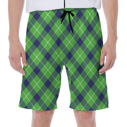 Green Blue And White Plaid Pattern Print Men's Beach Shorts