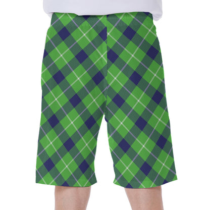 Green Blue And White Plaid Pattern Print Men's Beach Shorts