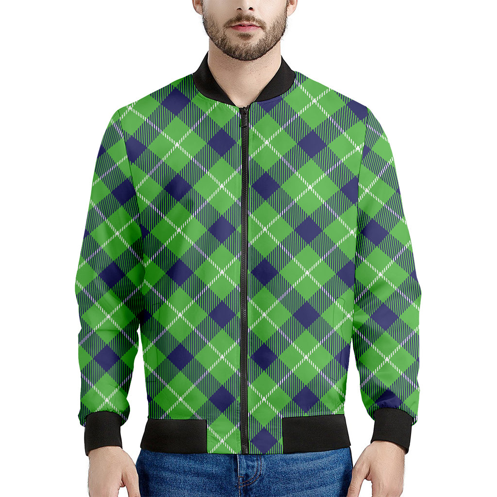 Green Blue And White Plaid Pattern Print Men's Bomber Jacket