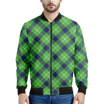 Green Blue And White Plaid Pattern Print Men's Bomber Jacket