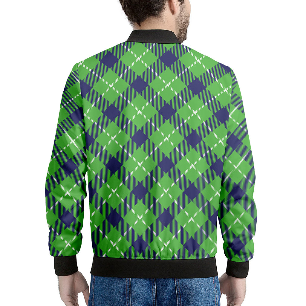 Green Blue And White Plaid Pattern Print Men's Bomber Jacket
