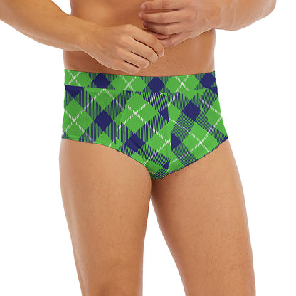 Green Blue And White Plaid Pattern Print Men's Briefs