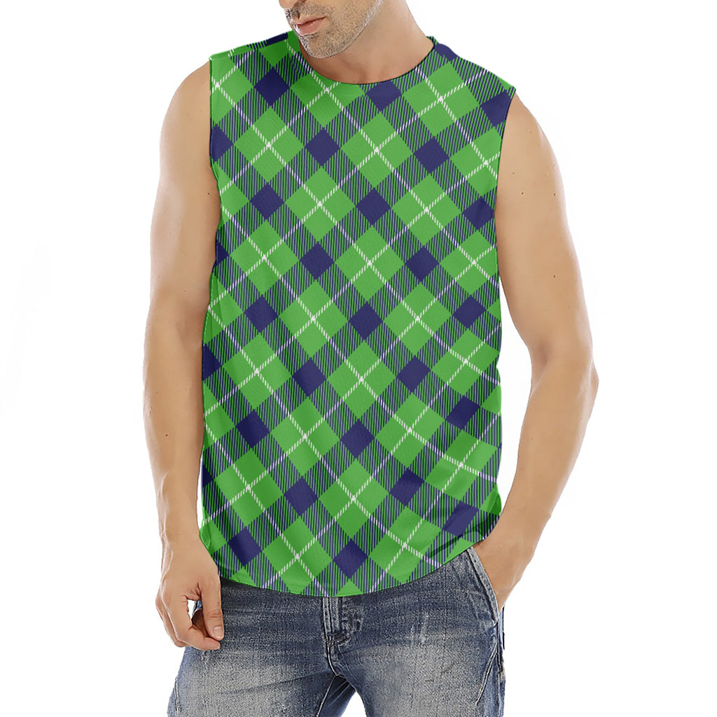 Green Blue And White Plaid Pattern Print Men's Fitness Tank Top