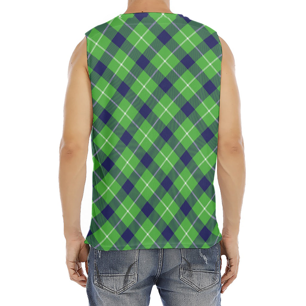 Green Blue And White Plaid Pattern Print Men's Fitness Tank Top
