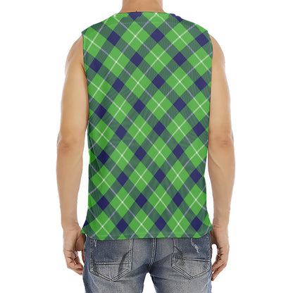 Green Blue And White Plaid Pattern Print Men's Fitness Tank Top