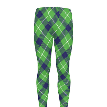 Green Blue And White Plaid Pattern Print Men's leggings