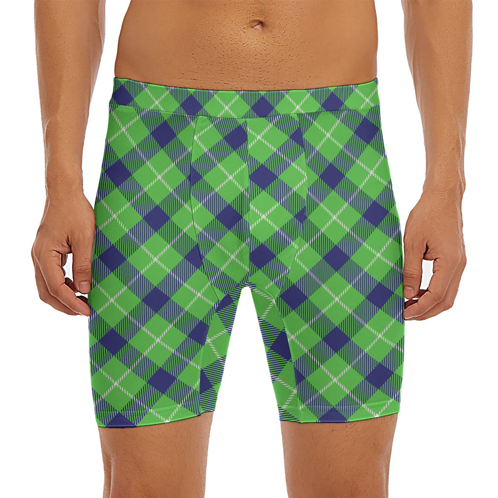 Green Blue And White Plaid Pattern Print Men's Long Boxer Briefs
