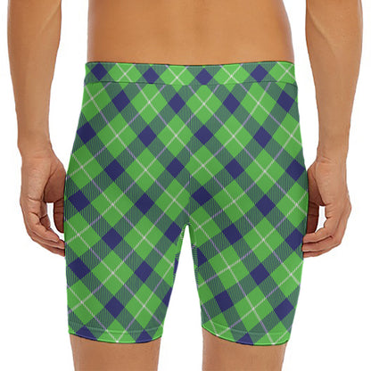 Green Blue And White Plaid Pattern Print Men's Long Boxer Briefs