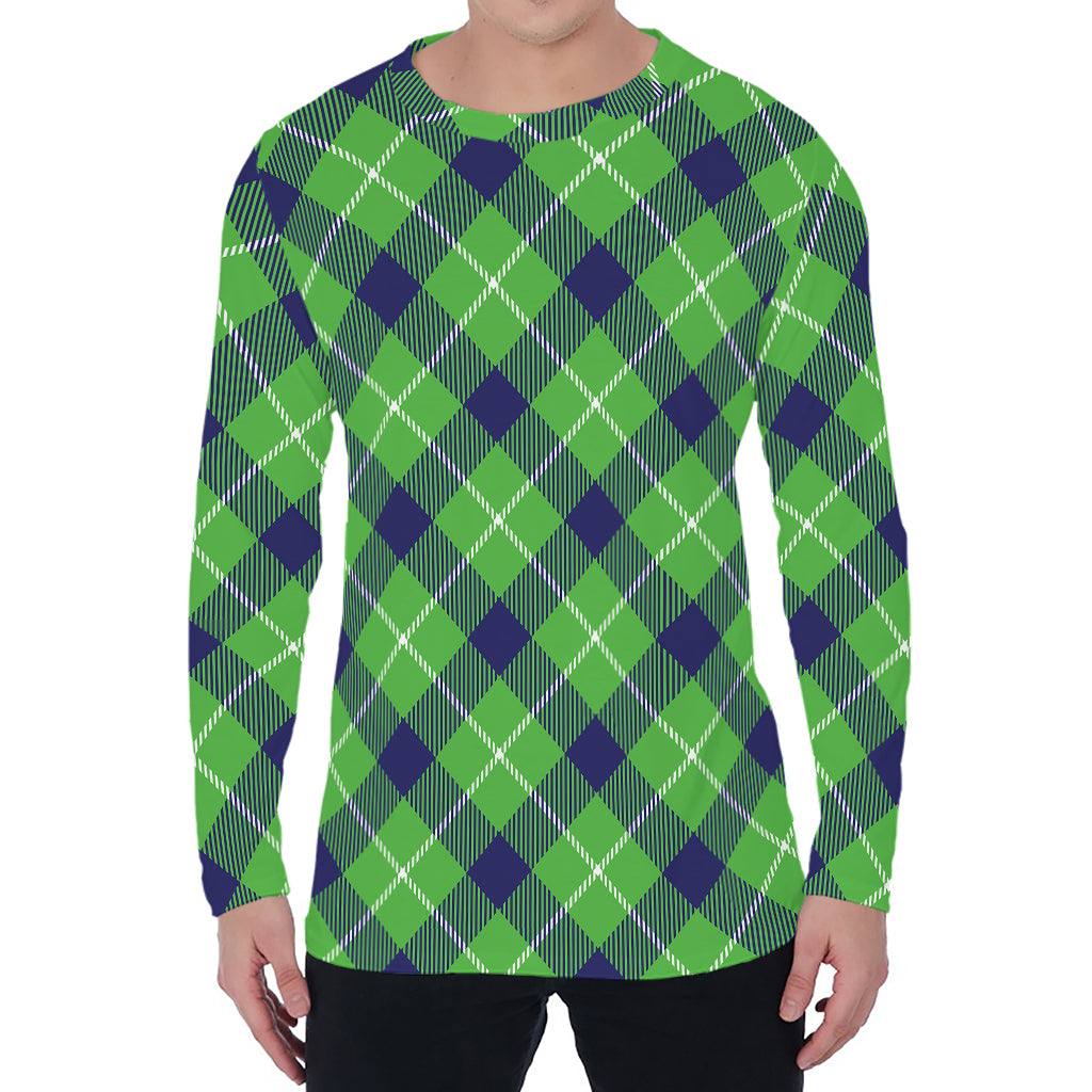 Green Blue And White Plaid Pattern Print Men's Long Sleeve T-Shirt