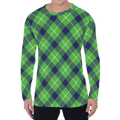 Green Blue And White Plaid Pattern Print Men's Long Sleeve T-Shirt