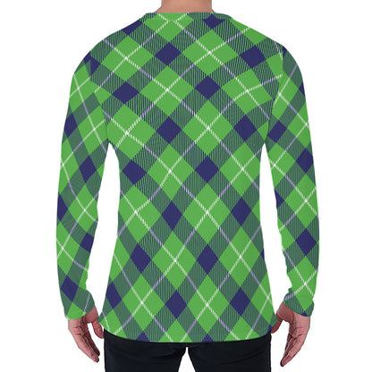 Green Blue And White Plaid Pattern Print Men's Long Sleeve T-Shirt