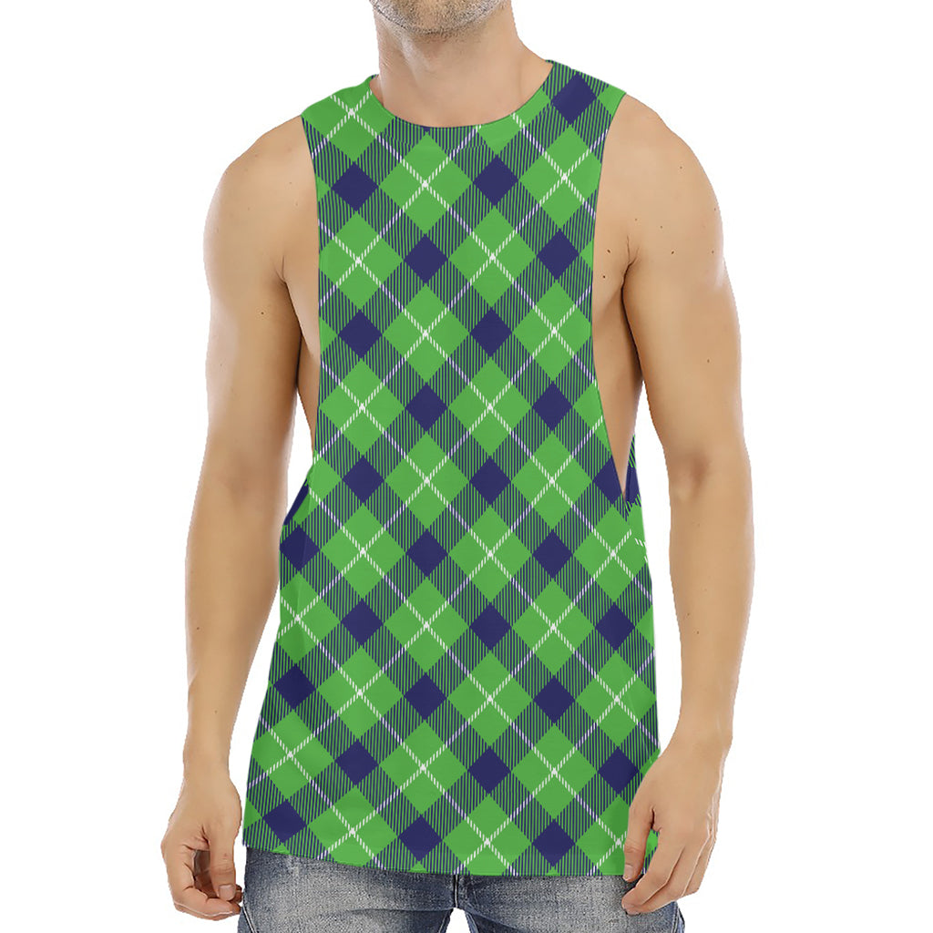 Green Blue And White Plaid Pattern Print Men's Muscle Tank Top