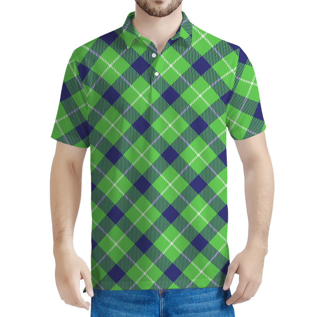 Green Blue And White Plaid Pattern Print Men's Polo Shirt