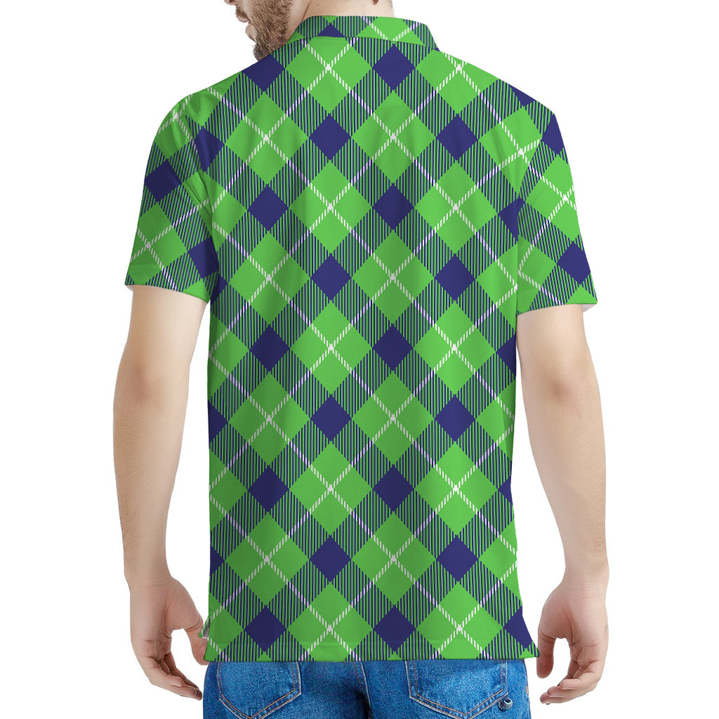Green Blue And White Plaid Pattern Print Men's Polo Shirt