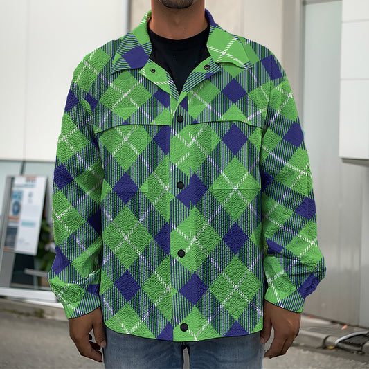 Green Blue And White Plaid Pattern Print Men's Shirt Jacket